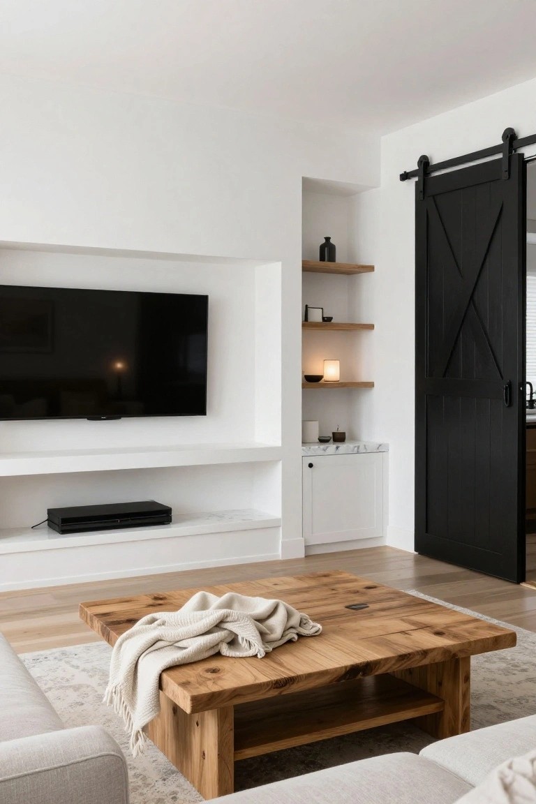 Modern living room with recessed white TV wall unit featuring light wood floating shelves, black sliding barn door to kitchen, rustic wood coffee table draped with white throw, beige sofa, and light oak floors.