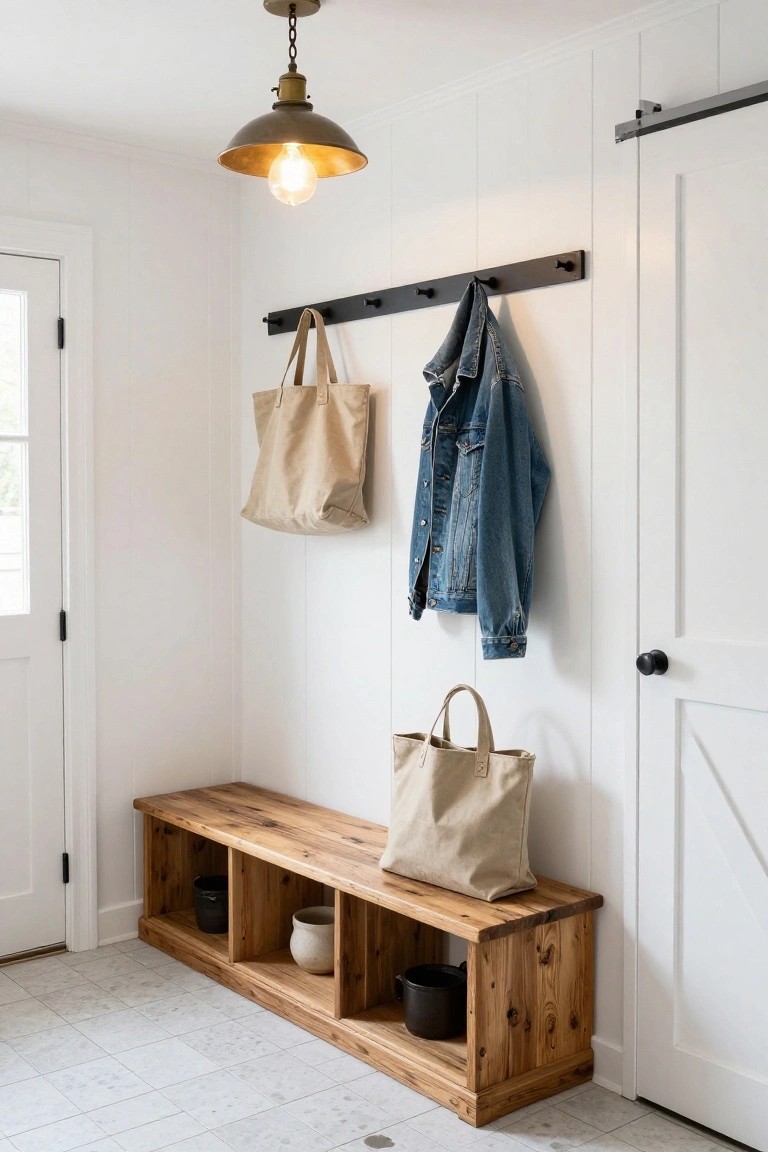 White shiplap-walled entryway with a long wooden bench featuring open cubbies holding black buckets, white pottery, and a black mug, wall-mounted black hooks with two beige tote bags and a denim jacket, brass pendant light overhead, and white paneled door with black hardware.