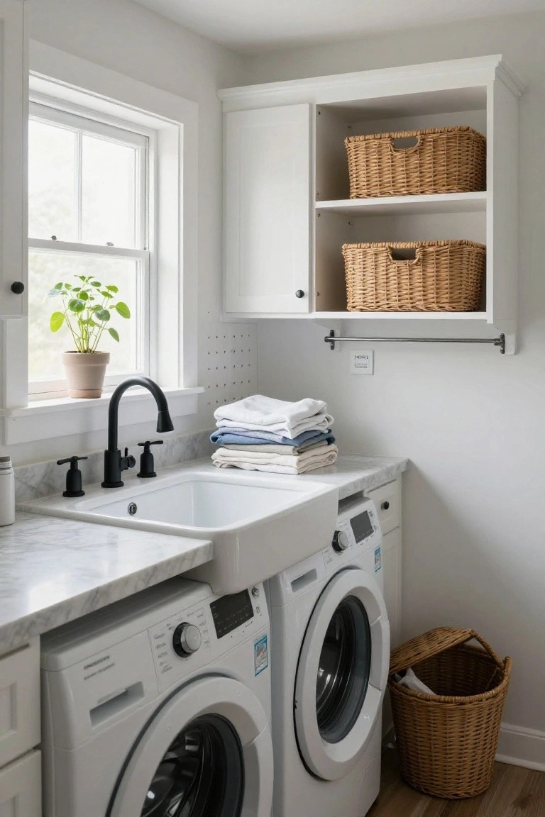 White laundry room with two front-loading washers under marble countertop and farmhouse sink with black faucet, open upper cabinets holding wicker baskets, folded towels on counter, potted plant by window, and wooden floor.