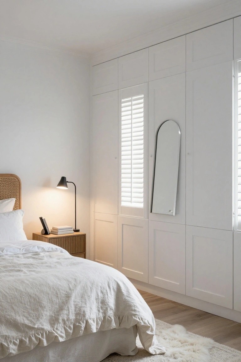 Corner view of a white bedroom with rattan headboard bed draped in white linens, wooden nightstand with black lamp and books, tall white paneled wardrobes along the wall including shutters over a window and an arched mirror, light wood flooring, and white rug.