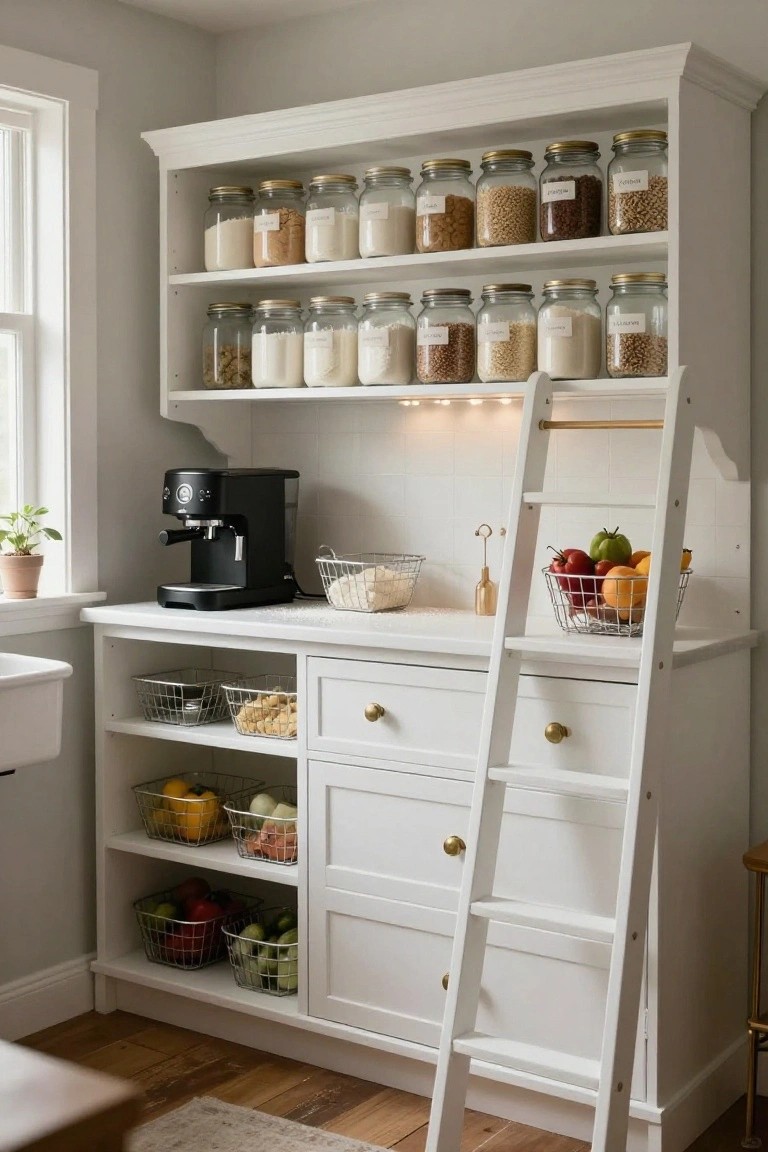 White wooden tall pantry cabinet with sliding ladder on the right side, upper shelves lined with labeled glass jars of flours, grains, nuts, and seeds, lower open shelves holding wire baskets of fruits and vegetables, positioned next to a black espresso machine and white farmhouse sink in a light gray kitchen.
