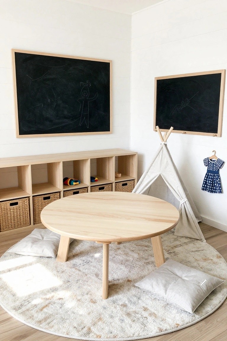 Bright white playroom corner featuring oak cubby shelves with wicker baskets, two framed chalkboards, a beige teepee tent, low round oak table, floor cushions, and round rug on wood floor.