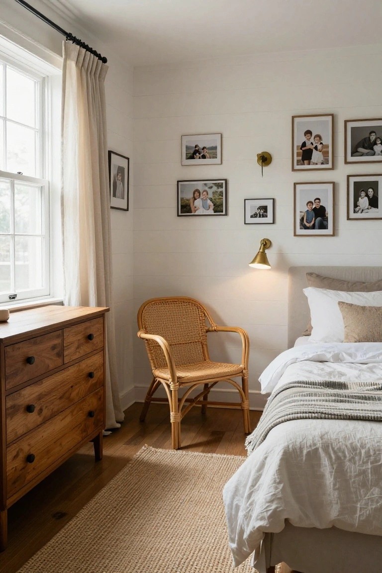 Corner of a light white bedroom with a wooden dresser, rattan armchair, bed with white sheets and gray throw, seagrass rug, sheer curtains on window, and gallery wall of framed family photos.
