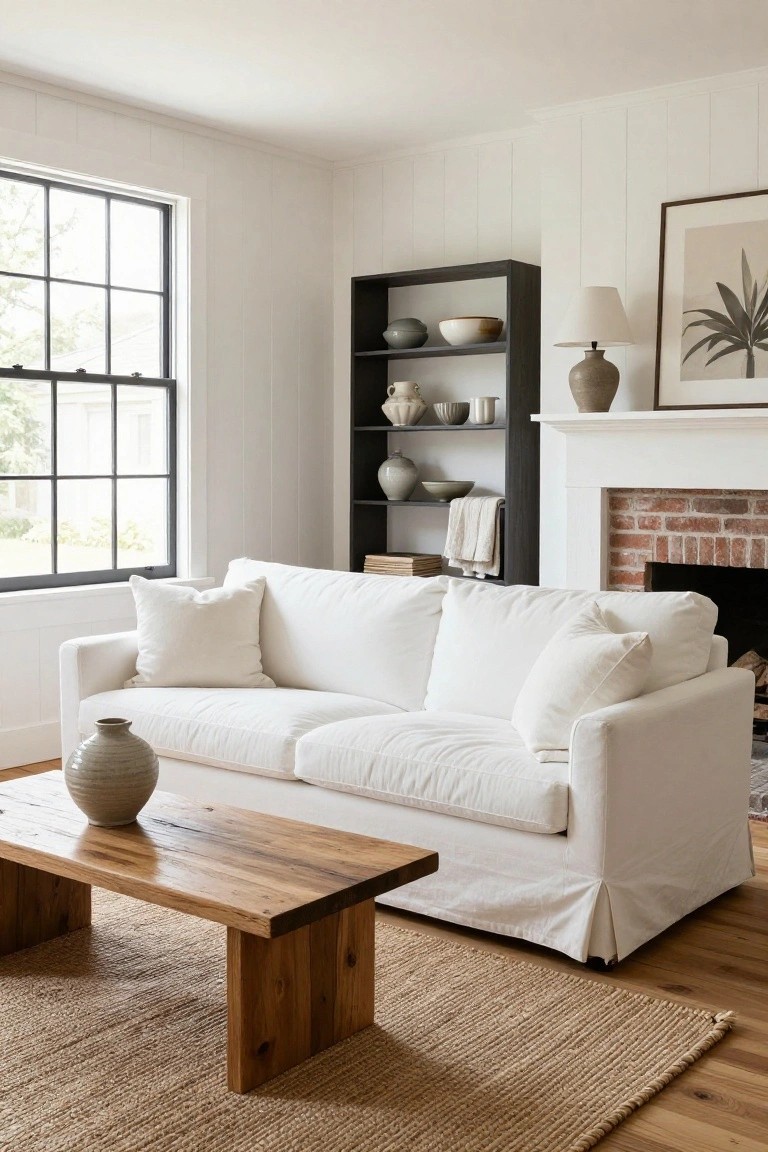 A white slipcovered sofa faces a brick fireplace in a white shiplap-walled living room with black-framed windows, a dark wood bookshelf with ceramics, a rustic wood coffee table holding a ceramic vase, and a jute rug on light wood floors.