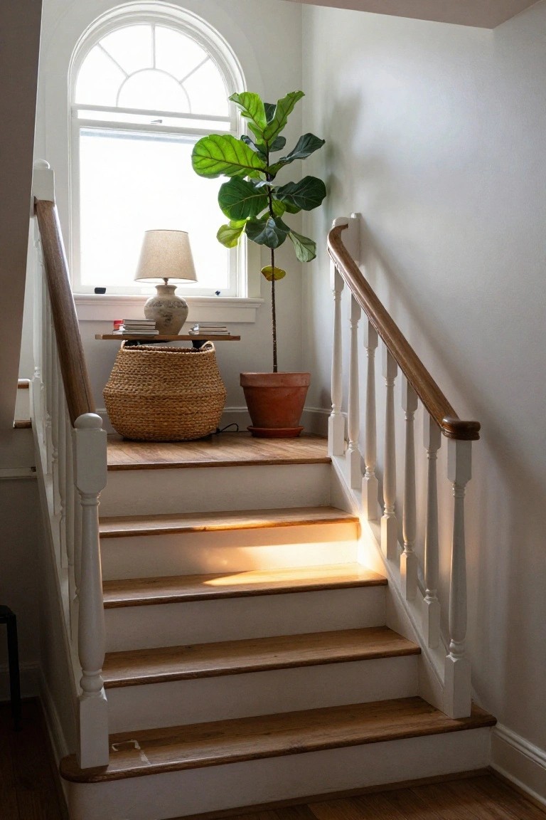 Interior view of a white-painted staircase with natural wood treads, white balusters and railings, a potted fiddle leaf fig plant, a lamp and books on a small table, and a woven basket on a landing next to a large arched window.