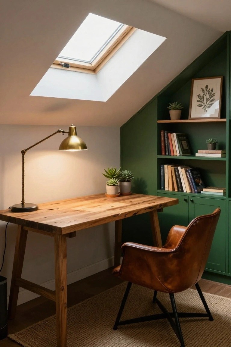 Attic home office interior with sloped green walls, built-in emerald green shelving and cabinets filled with books and plants, wooden desk, tan leather chair, brass desk lamp, potted succulents, and skylight overhead.