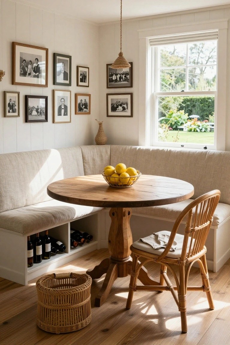 Corner banquette with beige cushions around a round wooden table holding a basket of lemons, wine bottles stored in shelves under the bench, rattan chair, black-and-white photos on white shiplap walls, and window to garden view.