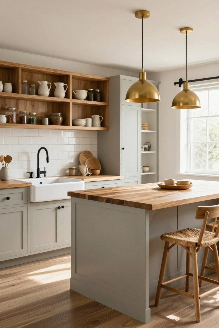 Light gray kitchen cabinets with wood open shelves filled with pottery and jars, white subway tile backsplash, black faucet farmhouse sink, brass pendant lights, wood butcher block island countertop, and rattan bar stools on hardwood floors.