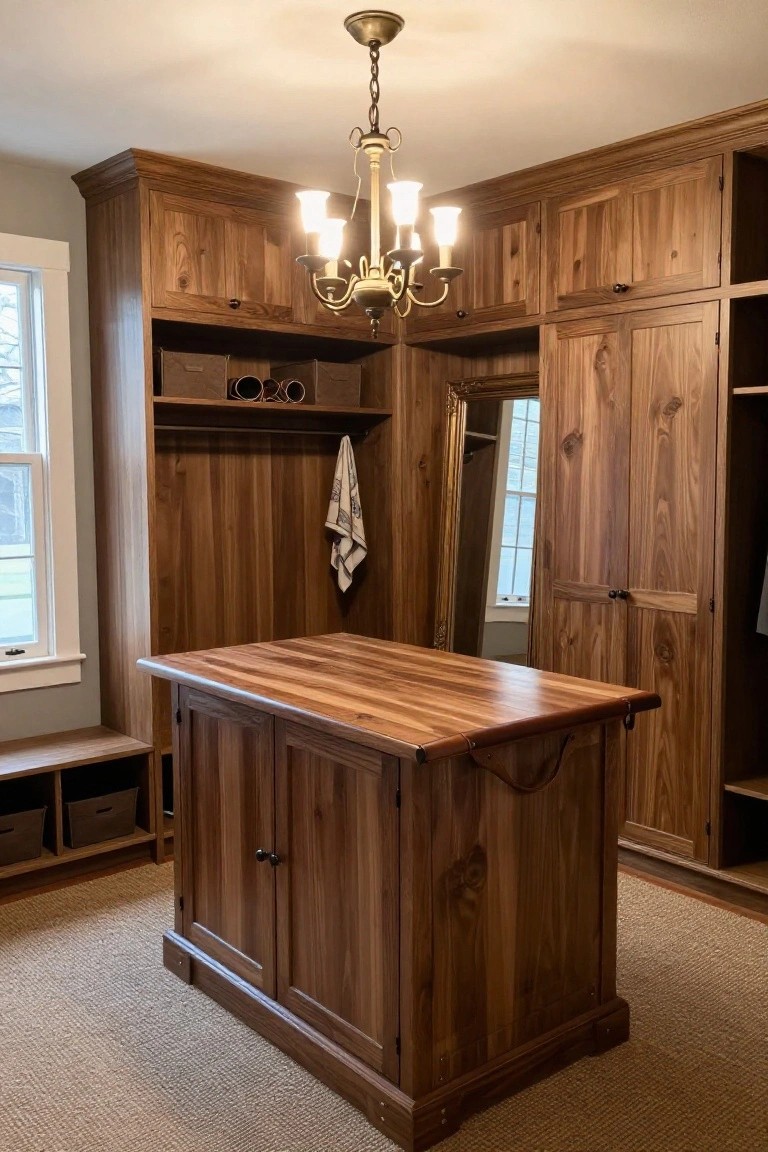 Custom walnut wood cabinetry and built-in storage surround a central wooden island in a walk-in closet with chandelier lighting, a hanging towel, and a full-length mirror.