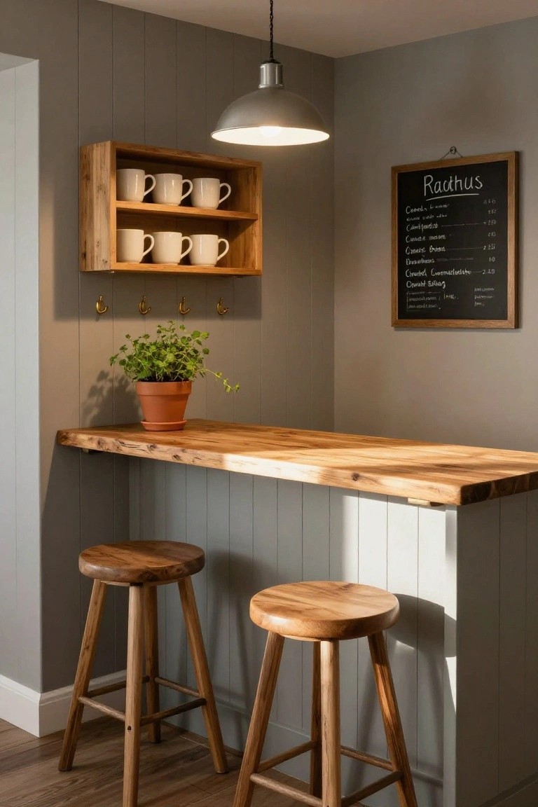 A corner indoor bar area with a floating wooden countertop, two wooden bar stools, open wooden shelves holding white mugs, a potted plant, hooks, and a framed chalkboard menu on gray shiplap walls under a pendant light.