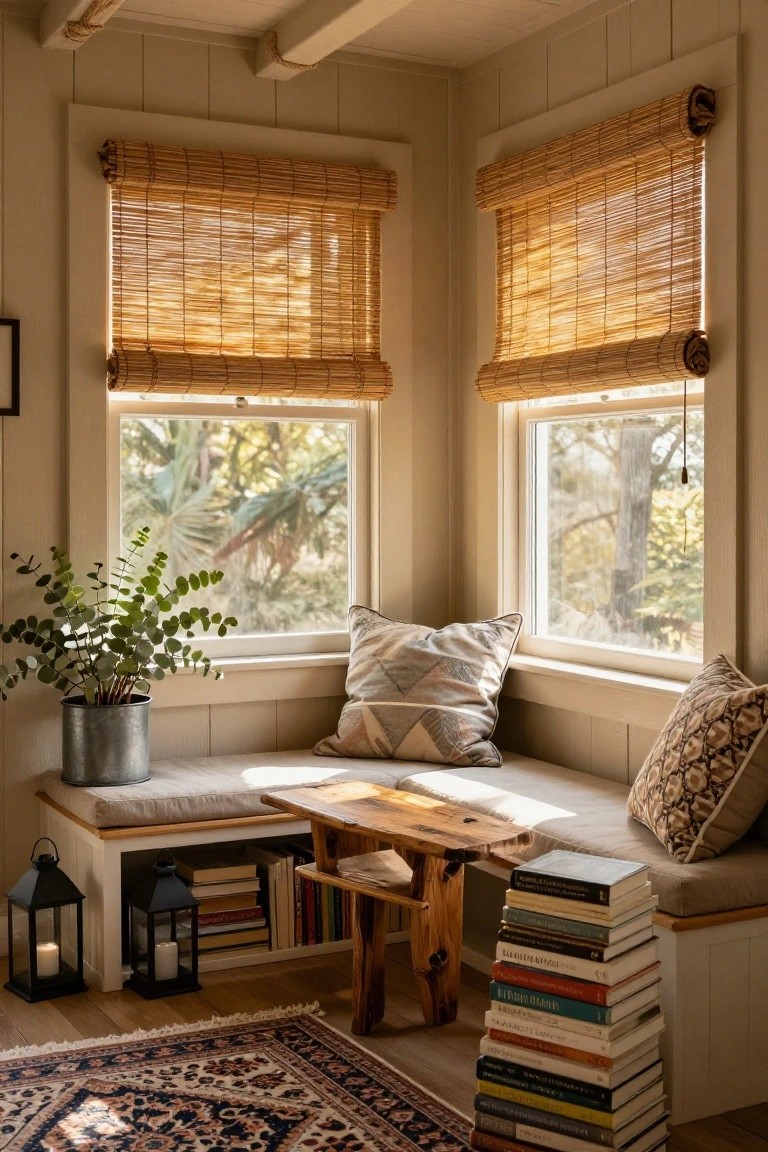 Corner window bench seat with cushions and pillows, small wooden table, stack of books, metal bucket with potted eucalyptus plant, lanterns, bookshelves underneath, bamboo shades on windows, and view of trees outside in a light wood-paneled room.