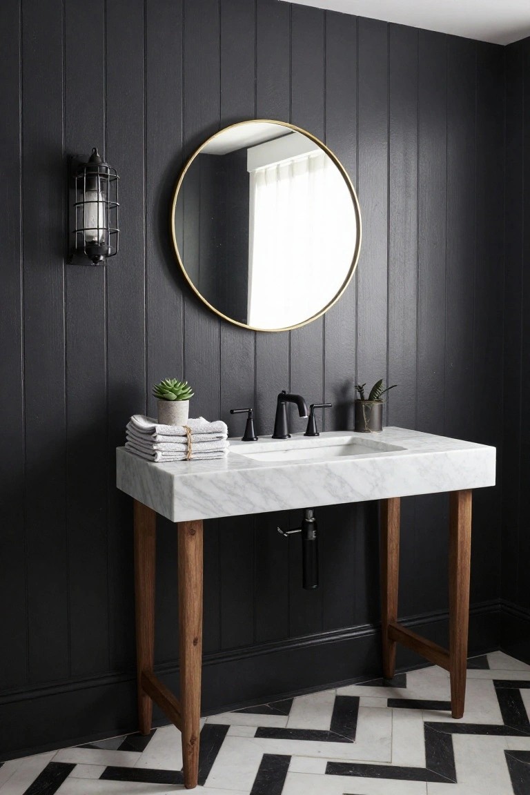 Bathroom with black vertical shiplap walls, white marble vanity on wooden legs, round gold-framed mirror, black metal wall lantern, folded white towels, potted succulents, and black-and-white herringbone floor tiles.