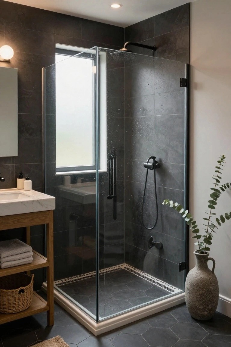 A modern bathroom with dark gray slate wall tiles, frameless glass shower enclosure, black metal fixtures, wooden vanity on hexagonal dark floor tiles, and potted eucalyptus plant.