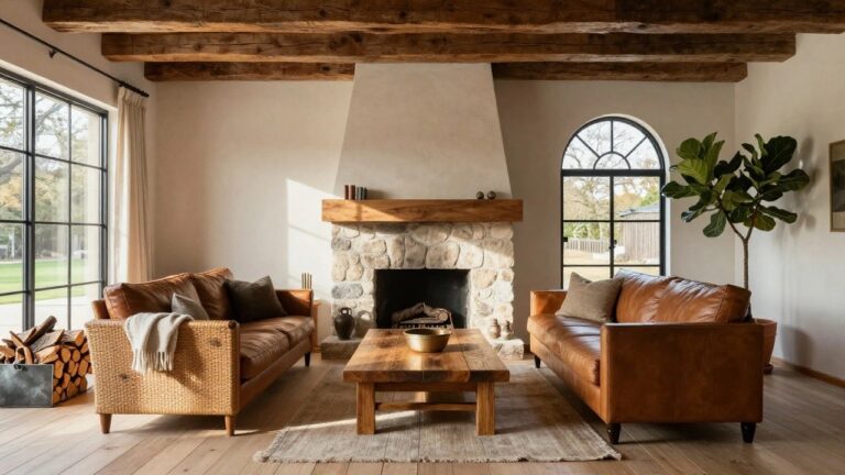 24 Elevated Rustic Farmhouse Interior Design Ideas With Modern Comfort Living room with tall stone fireplace, wooden mantel and beams on ceiling, bookshelves, leather sofa, rattan armchairs, wood coffee table, and potted fiddle leaf fig near arched window.