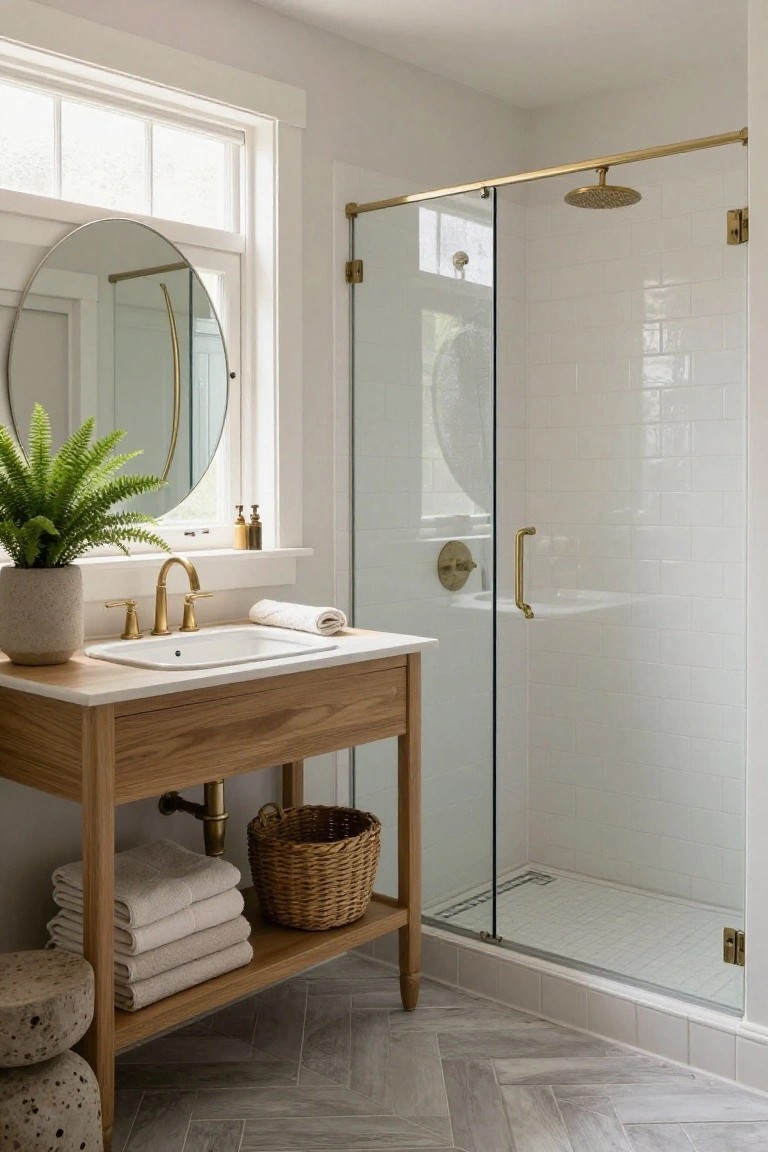 A bathroom with freestanding light wood vanity, white sink, brass faucet and handles, open shelf holding towels and woven basket, round mirror with plant, glass shower with white subway tiles, and gray herringbone floor.