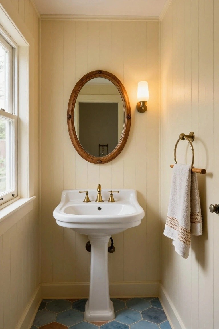 Small powder room with cream beadboard walls, white pedestal sink with brass faucets, oval wood mirror, brass towel ring with white towel, wall sconce, and hexagonal blue floor tiles.