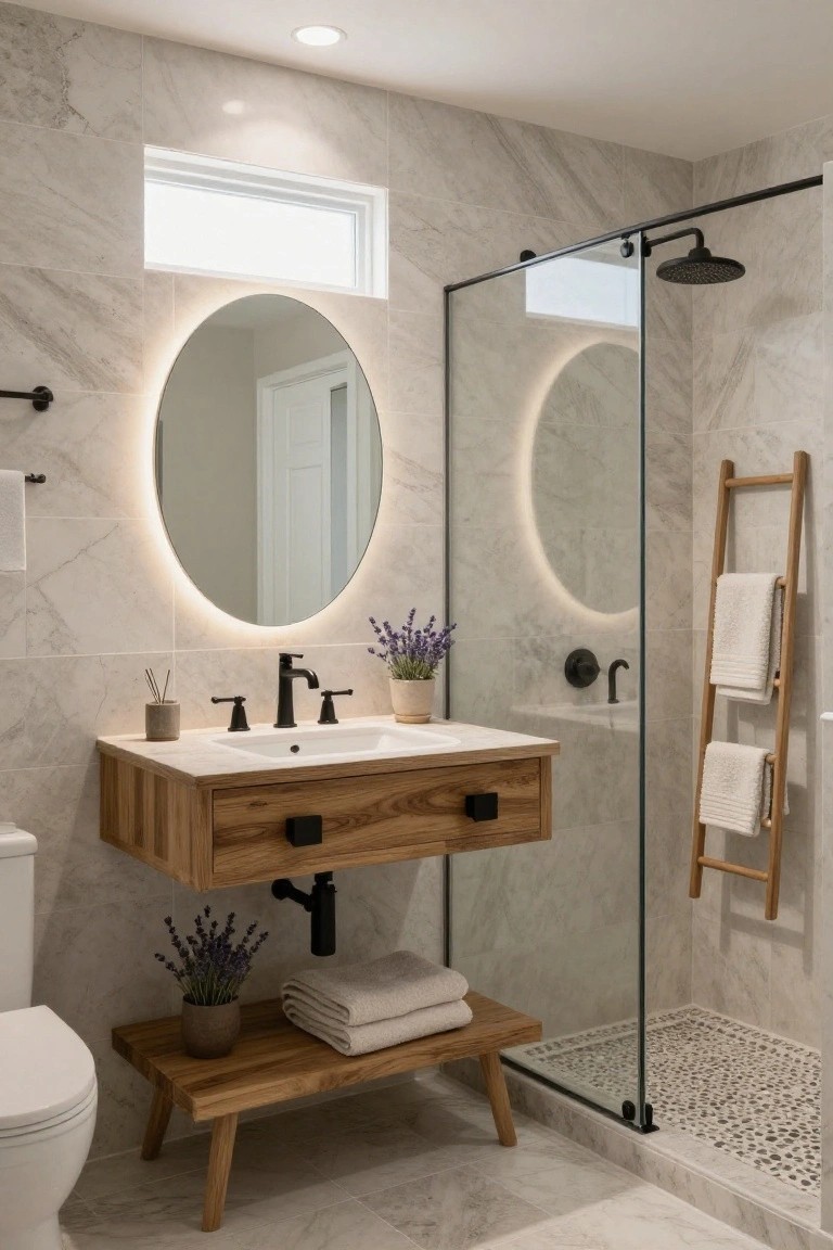 Modern bathroom interior with light gray marble walls and floor, floating wooden vanity sink, round backlit mirror, glass-enclosed shower with pebble floor, wooden stool and towel ladder, and potted lavender plants.