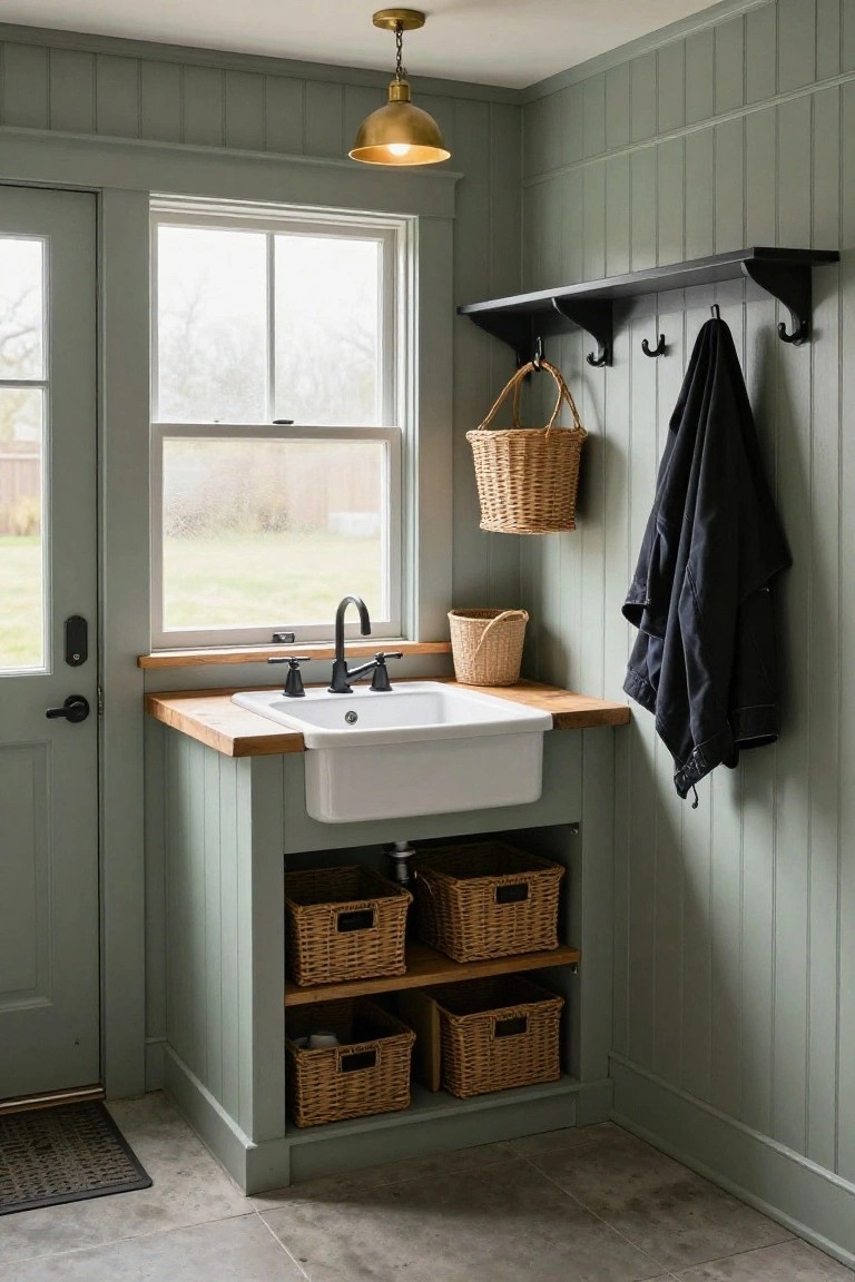 Sage green shiplap-walled mudroom featuring a white farmhouse sink on a wooden countertop with open shelving below holding multiple wicker baskets, black wall hooks with a coat and hanging basket, a window to the yard, and a green door.