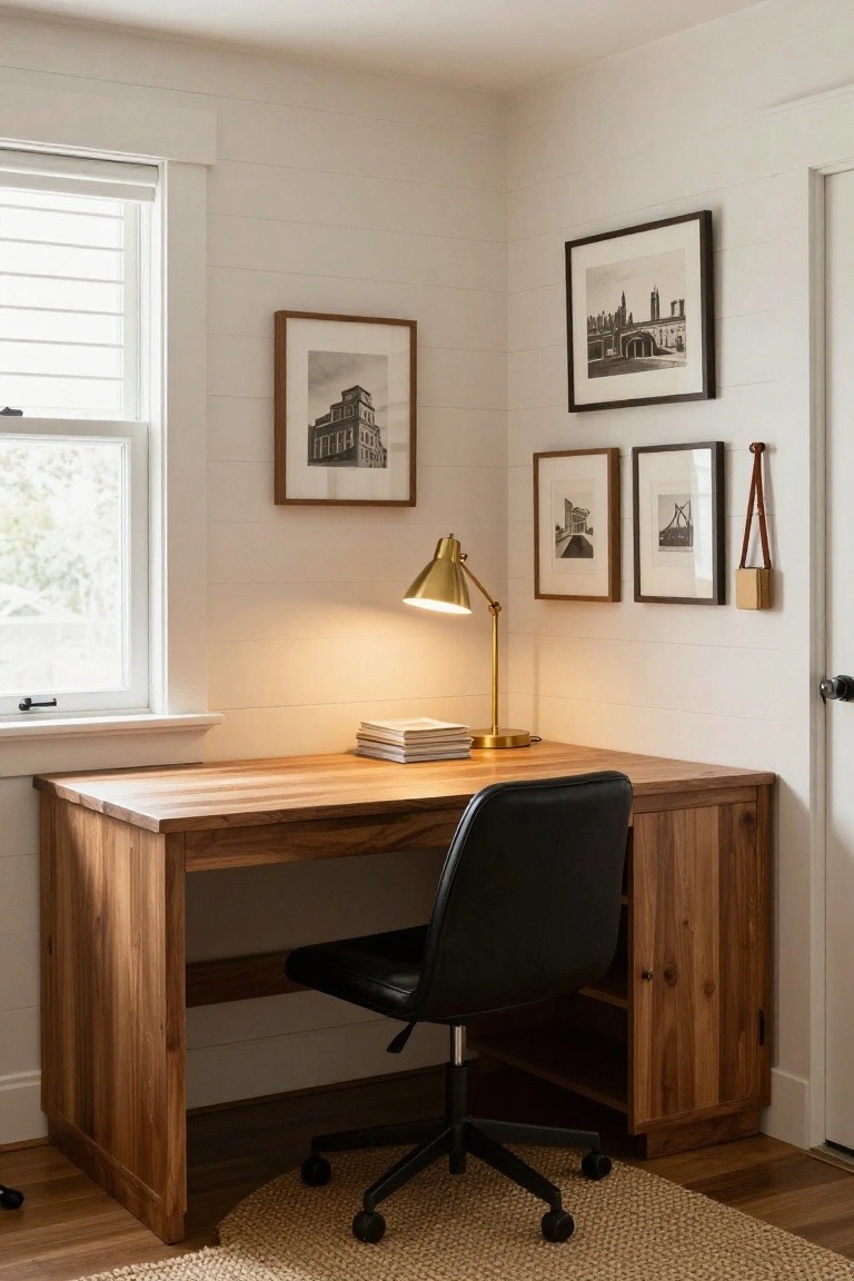 Wooden desk with integrated lower cabinets and black leather swivel chair in a white shiplap corner room, brass lamp on desk, framed black-and-white photos on walls, near a window with roller shade.