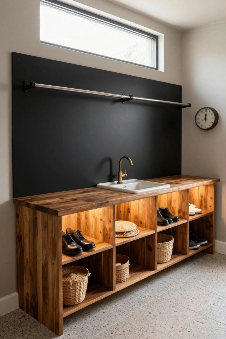 Wooden cabinet base with countertop sink, brass faucet, and illuminated open shelves storing shoes, boots, baskets, and hats, set against a black wall with hanging rod and wall clock in a laundry room.