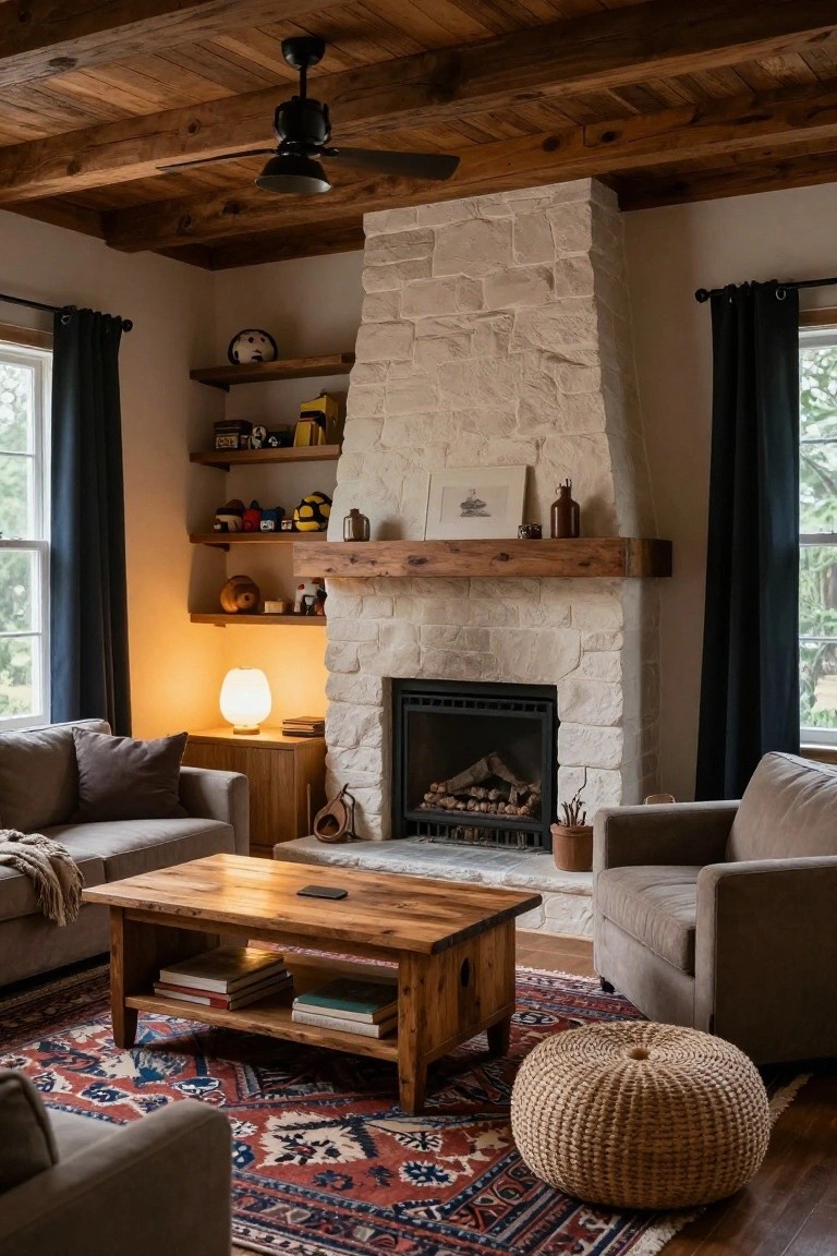 Rustic living room with exposed wooden beam ceiling, tall light stone fireplace burning a fire, beige sofa, wooden coffee table, patterned rug, and shelves with toys.