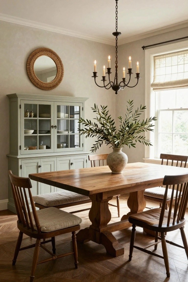 Dining room with a large rectangular wooden trestle table, four wooden chairs with beige cushioned seats, greenish-gray glass-door credenza, olive branch arrangement in terracotta vase, rattan mirror, brass chandelier, and window with sheer roman shade on hardwood floor.