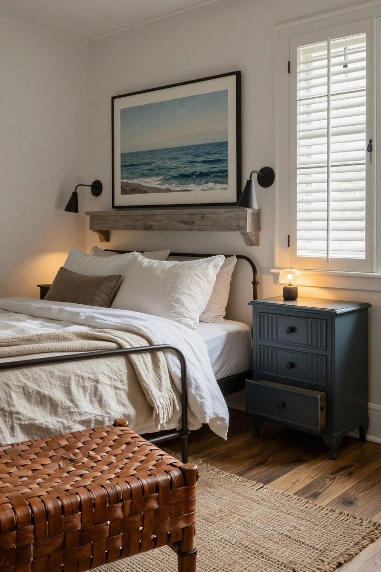 Bedroom interior with reclaimed wood floating shelf above black metal bed frame used as headboard, black wall sconces, large framed ocean artwork, navy three-drawer nightstand with lamp, tan leather stool, white linens, and jute rug on hardwood floor.