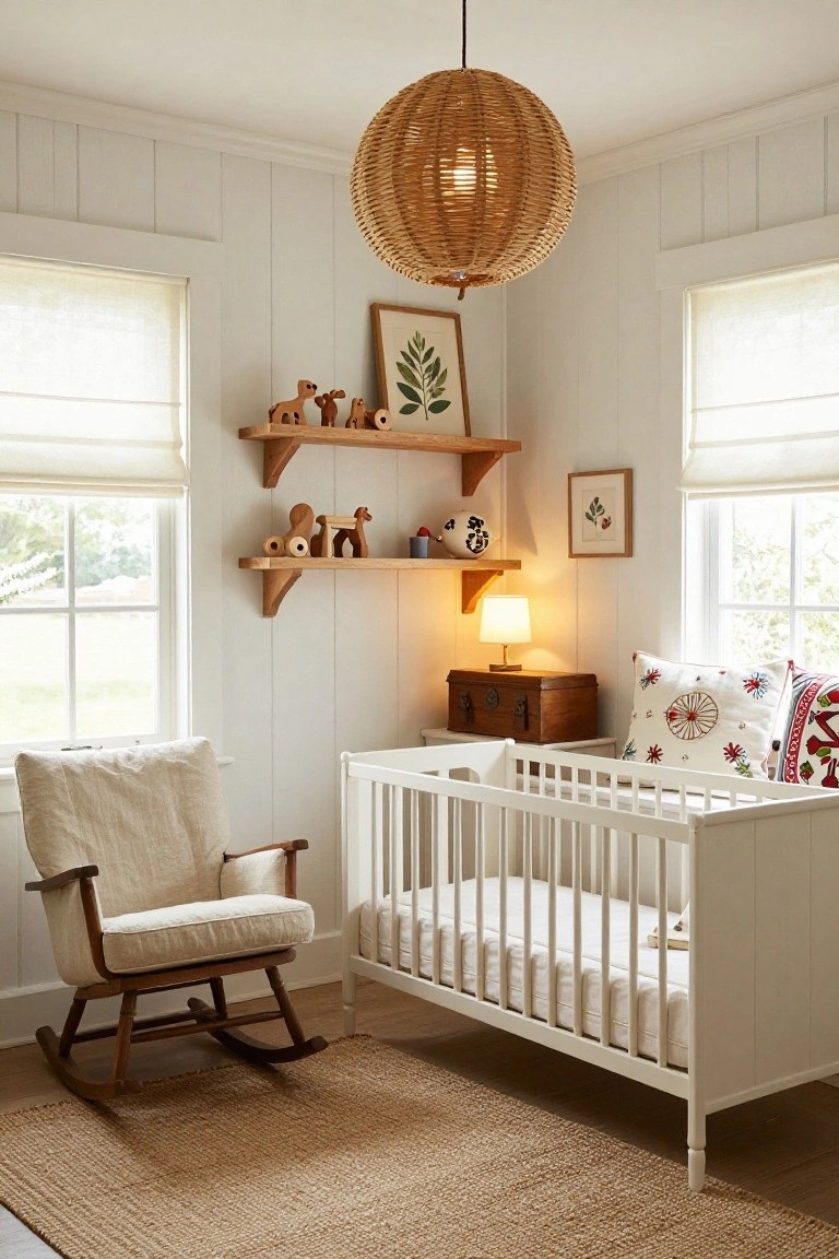 White paneled nursery with wooden shelves displaying carved dog and other animal toys, white crib, beige rocking chair, rattan pendant light, and small framed artwork on walls.