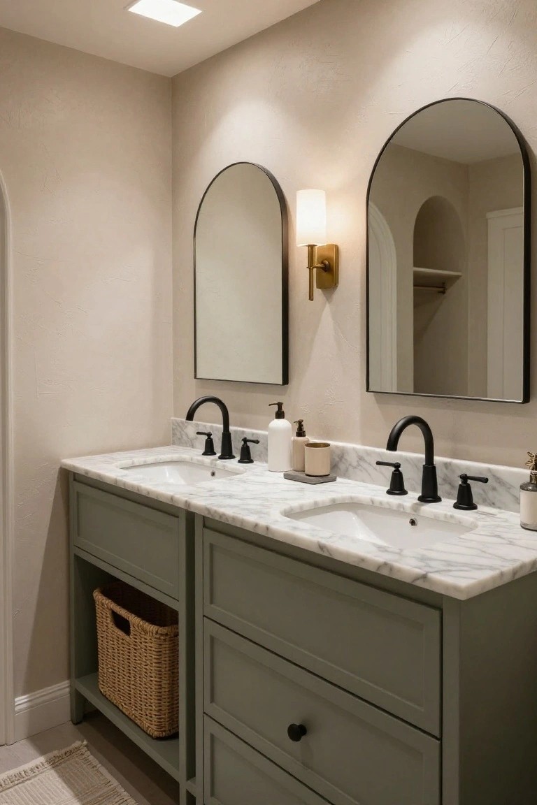A bathroom with two sage green vanities topped by white marble counters and undermount sinks, black gooseneck faucets, black arched mirrors above, wall sconces, and a woven basket stored under one vanity.