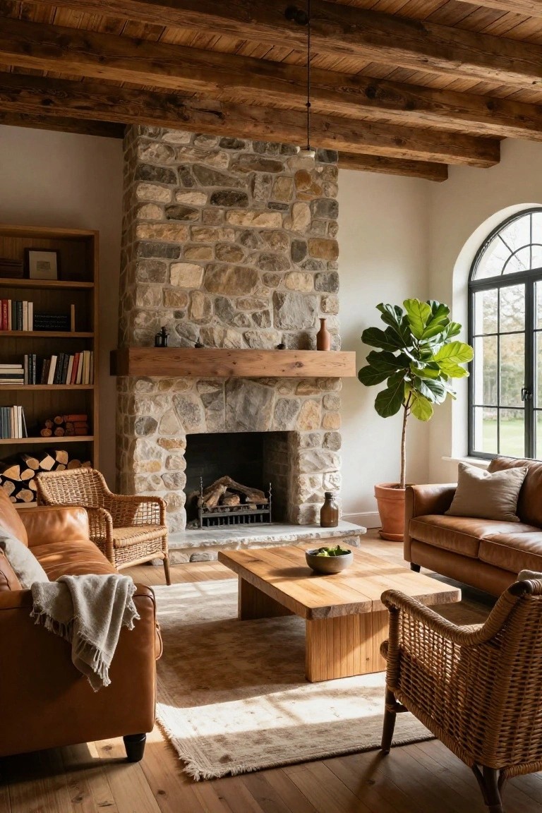 Living room with tall stone fireplace, wooden mantel and beams on ceiling, bookshelves, leather sofa, rattan armchairs, wood coffee table, and potted fiddle leaf fig near arched window.