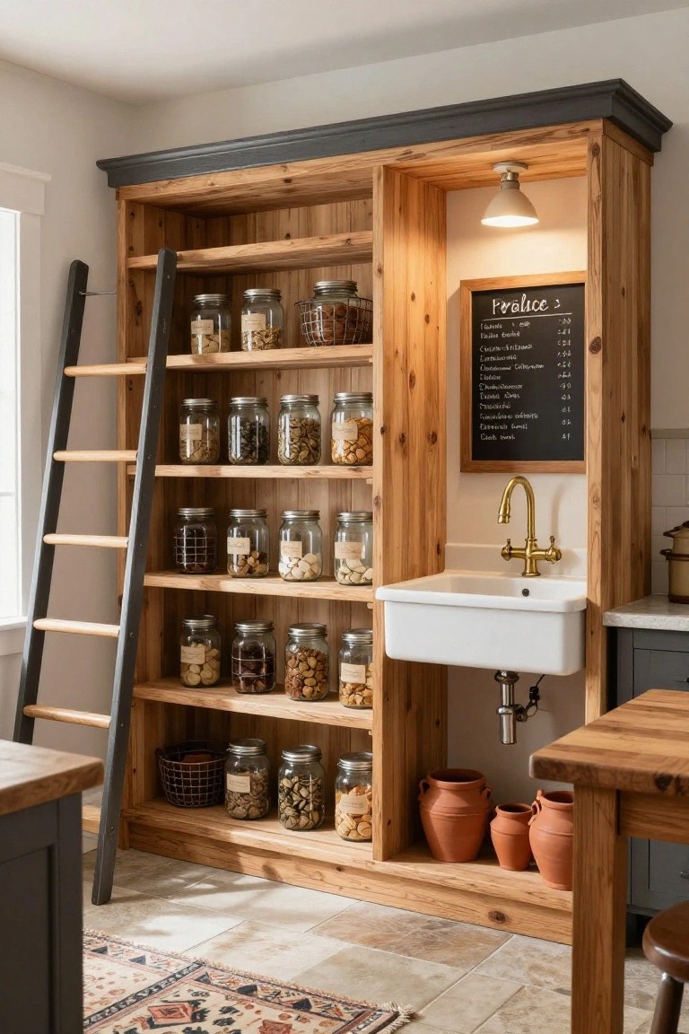 Tall wooden cabinet with open shelves filled with glass jars of nuts, spices, and cookies, a sliding black ladder, and a white farmhouse sink with gold faucet integrated below.
