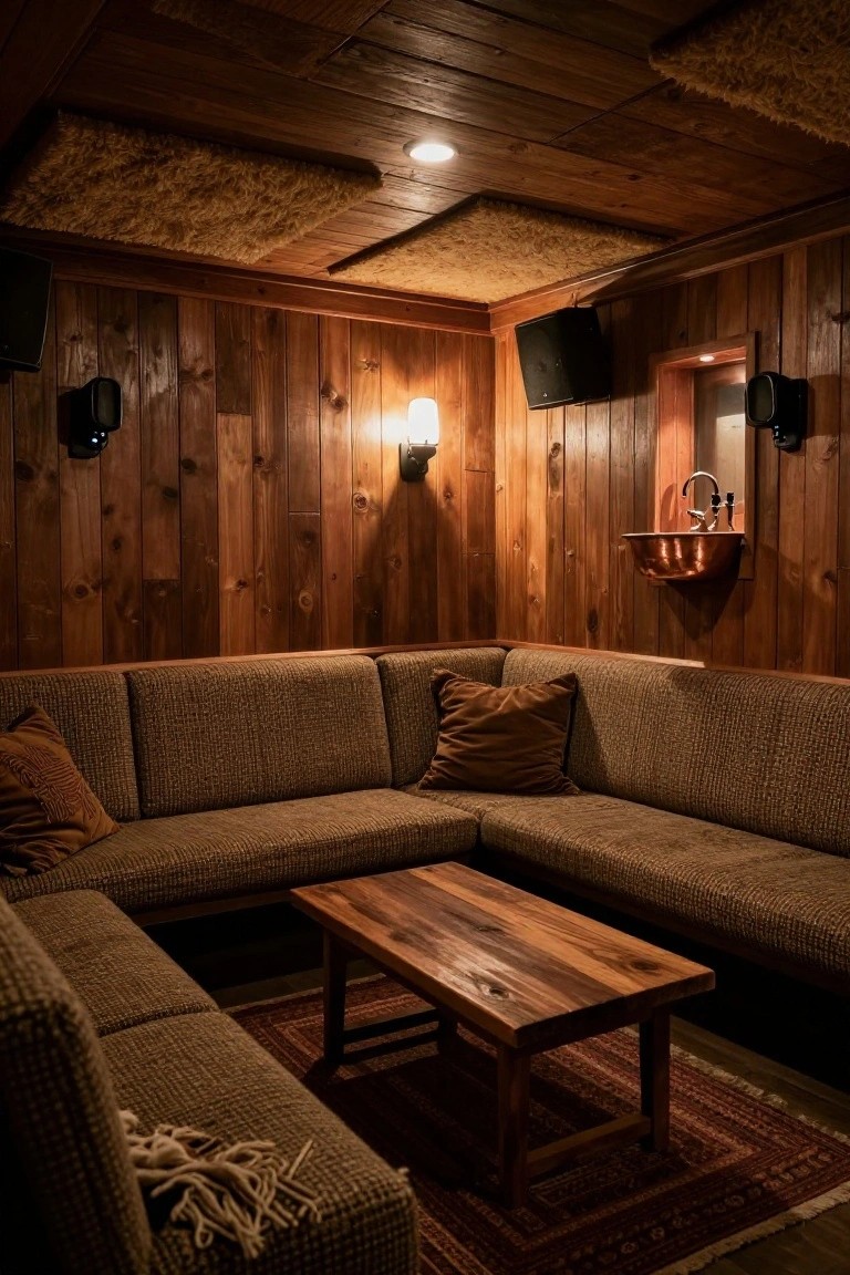 Wood-paneled room with L-shaped brown sofa, wooden coffee table, wall-mounted black speakers, copper wall sink, acoustic ceiling panels, and soft lighting.