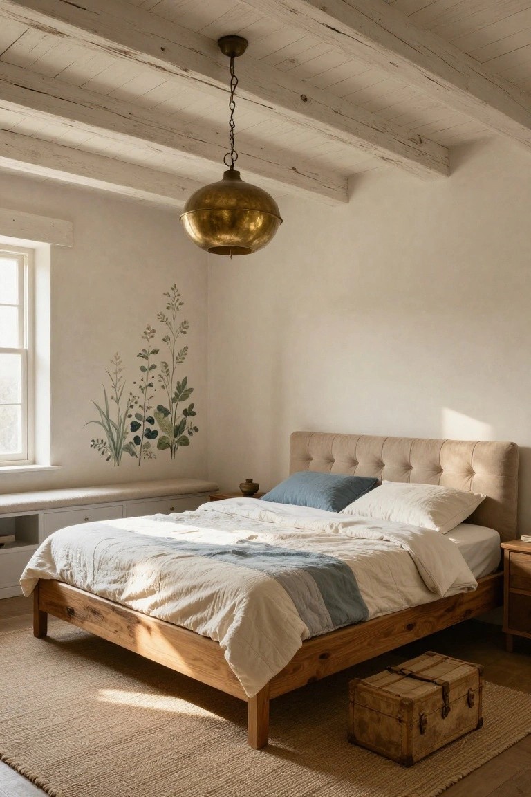Bedroom with low wooden platform bed, beige tufted headboard, white and blue linens, exposed whitewashed beam ceiling, brass pendant light, and botanical wall mural next to window.
