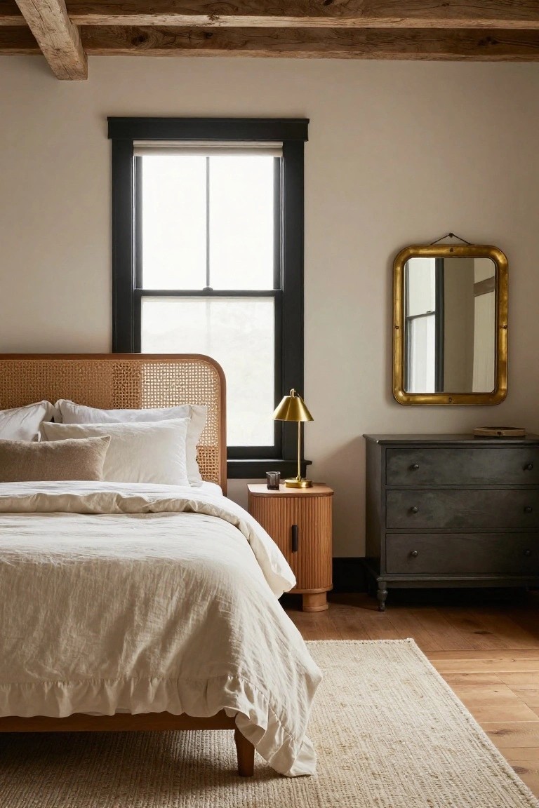 Bedroom with rattan cane headboard on a bed dressed in white linens, wood nightstand holding brass lamp, gold-framed mirror on wall, dark gray dresser, black-framed window, and beige rug on hardwood floor.