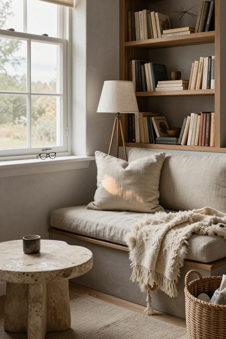 Light gray room with a built-in beige linen-upholstered daybed under a large window, adjacent oak bookshelves filled with books, tripod floor lamp, round stone side table holding a mug, fluffy white throw, and woven basket on the floor.