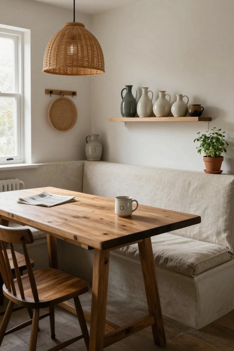 Light-filled kitchen nook with wooden trestle table, two wooden chairs, beige linen-covered bench seat against the wall, rattan pendant lamp overhead, wall shelves with ceramic vases, and a potted herb plant.