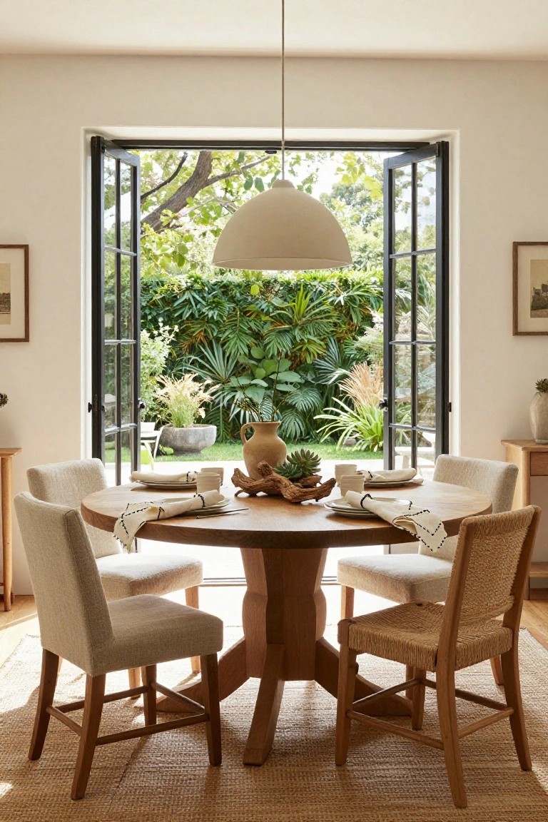 A light beige dining room with round wooden pedestal table, beige upholstered chairs and rattan chairs, set with white plates and napkins plus natural decor, large white pendant light overhead, black French doors open wide to lush green garden with plants and trees.
