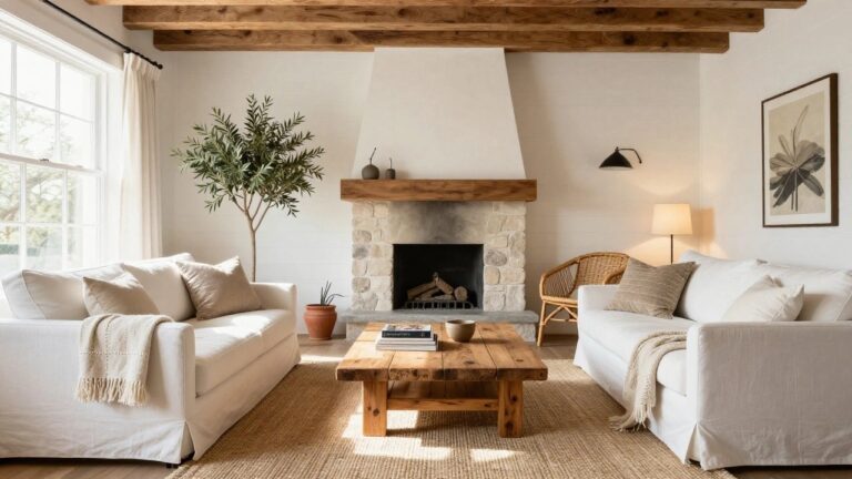 Living room featuring exposed dark wooden ceiling beams, white shiplap walls, a beige sofa, wooden coffee table, white fireplace with wood mantel, potted olive tree, and rattan chair.