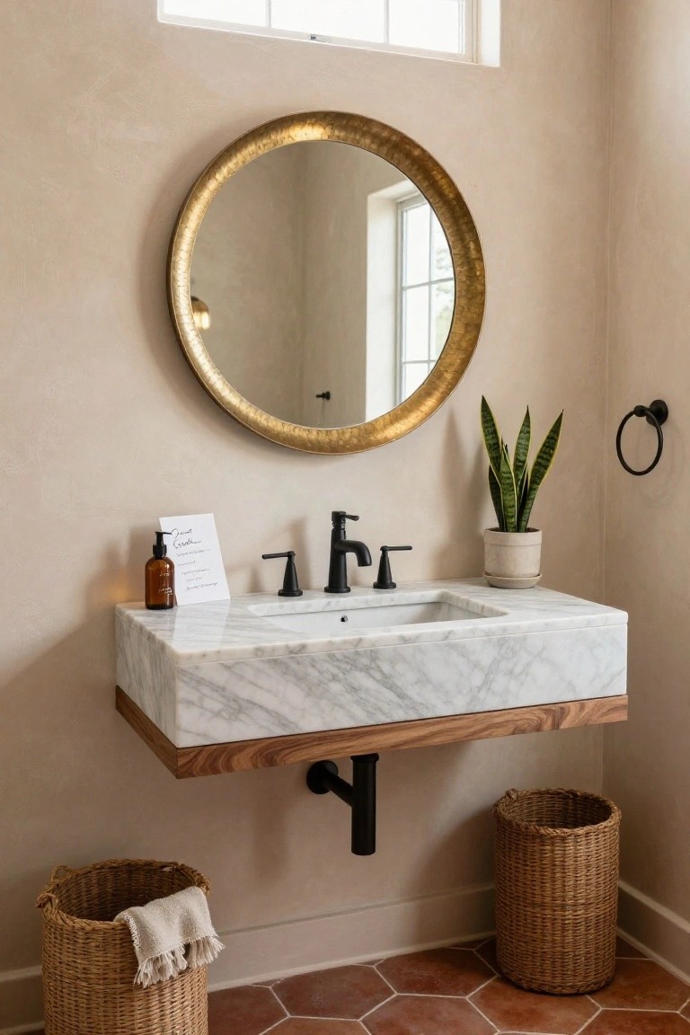 A modern bathroom with a floating white marble vanity on a wooden base, black faucet, round gold-framed mirror, snake plant in a pot, soap dispenser, towel basket, and terracotta hexagonal floor tiles.