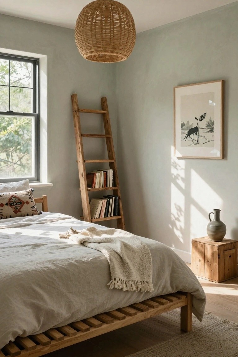 Corner of a bedroom with a tall wooden ladder shelf holding books next to a low wooden bed draped in white linens, pale green walls, black-framed window, and artwork.