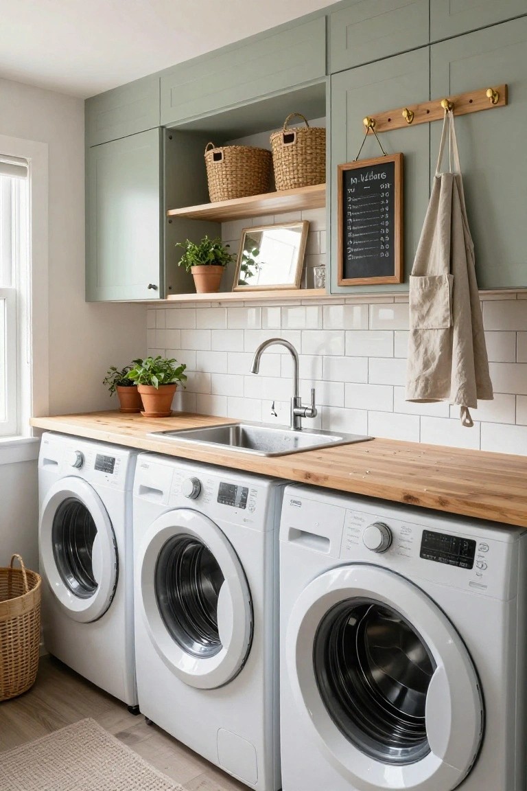 Laundry room with three white front-loading washers under a light wood countertop that includes a stainless steel utility sink, sage green upper cabinets, white subway tile backsplash, potted plants, wicker baskets, and a hanging towel on a wood rail.