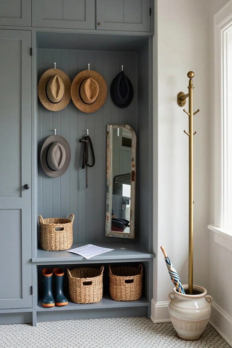Gray blue mudroom cabinets with wood-paneled wall, hats and bag on hooks, antique mirror, built-in bench holding orange rain boots and wicker baskets, gold coat rack with umbrella stand, and white penny tile floor.