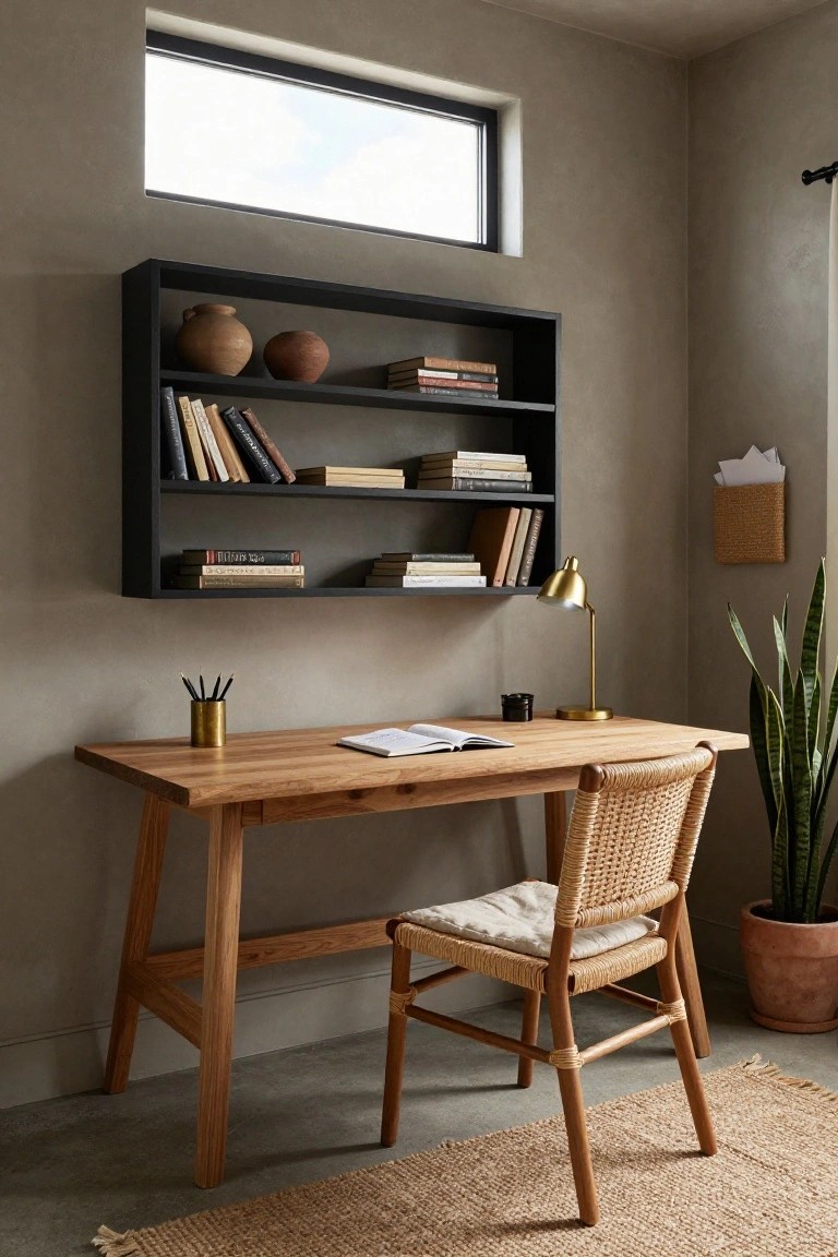 A home office corner featuring a light wooden trestle desk with an open notebook, brass cup, pencils, lamp, rattan chair with cushion, black wall-mounted shelves with books and pottery, snake plant in terracotta pot, and beige rug on beige concrete floor.