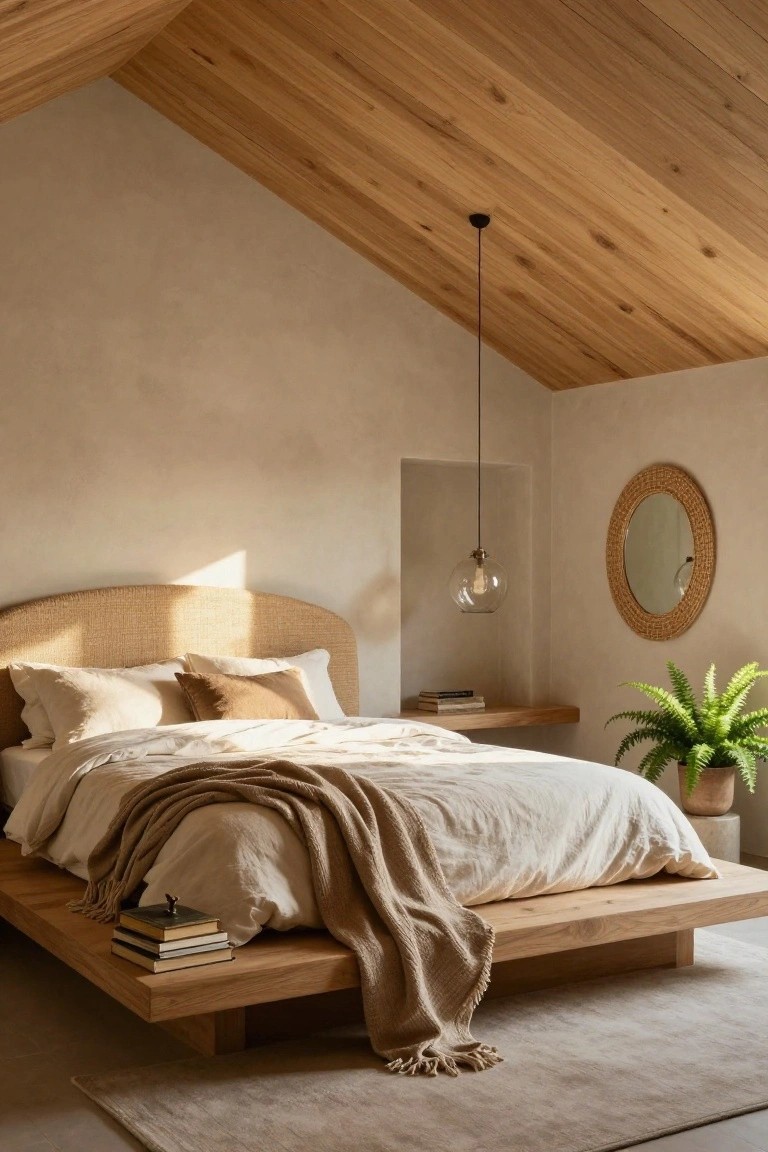 A bedroom with a low wooden platform bed draped in beige linens and a knit throw, rattan headboard, stacked books on the bed platform, woven mirror on wall, potted fern, wooden ceiling, and pendant light.