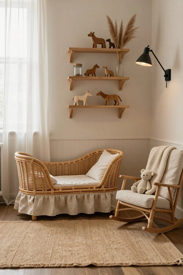 Light beige nursery corner with rattan bassinet on skirt base, wooden rocking chair holding teddy bear and blanket, floating oak shelves displaying wooden horse toys and pampas grass in glass vase, sheer curtains on window.