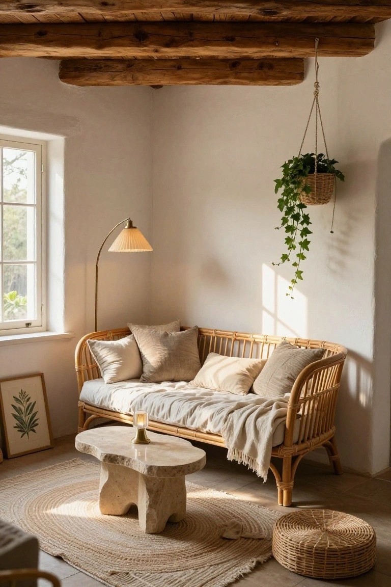Sunlit interior room corner with rattan daybed sofa covered in beige pillows and throw blanket, travertine coffee table holding a glass, arched floor lamp, hanging ivy basket, framed leaf artwork, and beige rug on white walls under wooden beam ceiling.