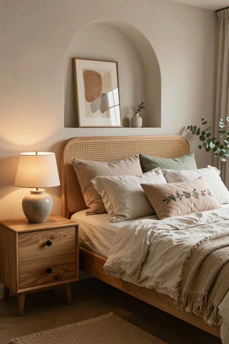 Bedroom corner featuring a rattan headboard on a bed with layered neutral pillows and sheets, wooden nightstand with ceramic lamp, and arched wall niche holding abstract art and eucalyptus branches.