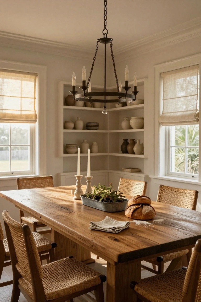 Bright dining room featuring a large rectangular wooden table with rattan chairs, corner open shelving displaying ceramic pots and plates, a black metal chandelier, and windows with linen shades.