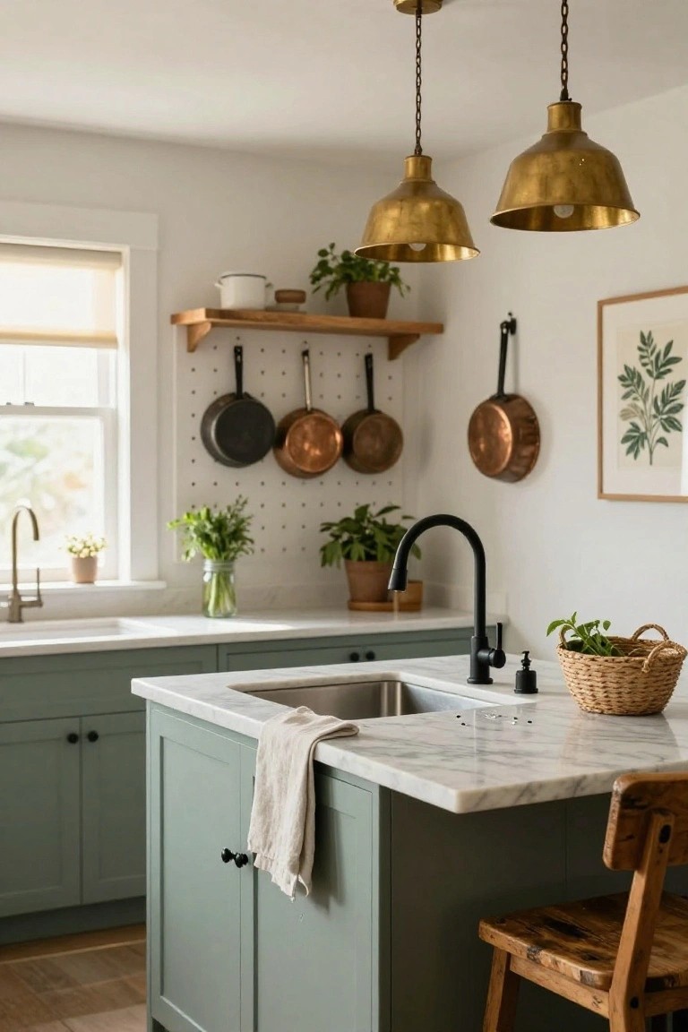Kitchen corner with sage green lower cabinets, white upper cabinets and walls featuring a wooden pegboard rack holding black and copper pots, two brass pendant lights hanging above, black faucet at white farmhouse sink, marble countertop with island, wooden stool, plants, and woven basket.