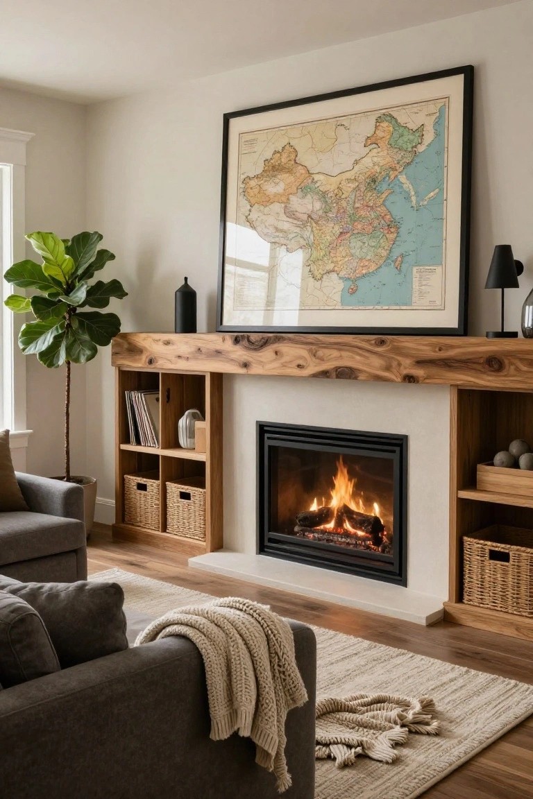 Living room with gas fireplace under live-edge wooden mantel and built-in wooden shelves holding woven baskets, books, and ceramic items, next to fiddle leaf fig plant and gray armchair on light wood floor.